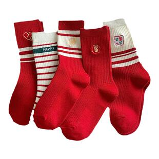 红色条纹袜子女秋冬日系大红中筒属龙本命年冬季长筒龙年可爱保暖