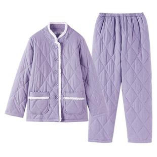 美标三层加厚保暖夹棉纯棉睡衣套装女秋冬中国风全棉可外穿家居服