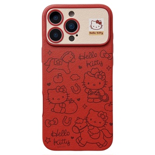 jze 新年款红色小马HelloKitty适用苹果17ProMax手机壳iphone15新款16pro女款13皮纹15pro全包14防摔手机套17