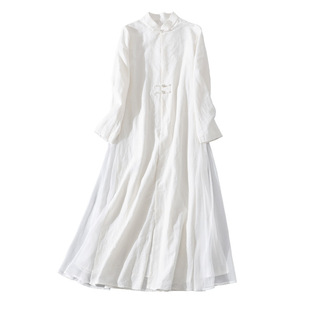 中国风唐装改良中长款上衣新中式对襟棉麻盘扣立领长袍女连衣裙春