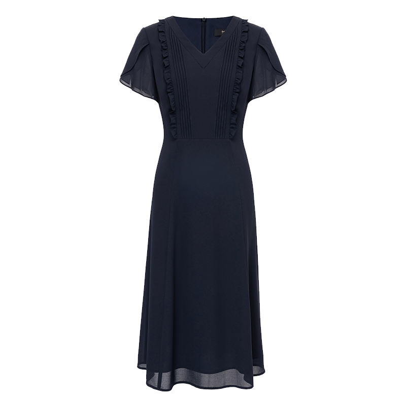 专柜正品马天奴女装夏季新款藏蓝色V领连衣裙气质裙子长裙子时尚