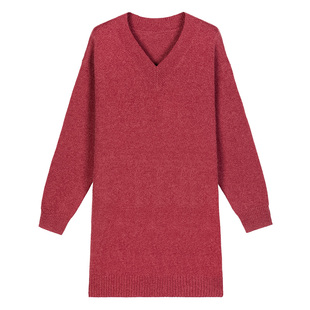 【清仓特价】树莓红色针织裙V领宽松慵懒连衣裙打底中长款毛衣裙