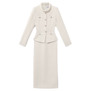 self-portrait 2026早春新款象牙白长袖粗花呢假两件年会连衣裙