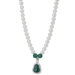 蓝水天然翡翠葫芦福禄珍珠项链吊坠颈链妈妈款送母亲长辈首饰高档