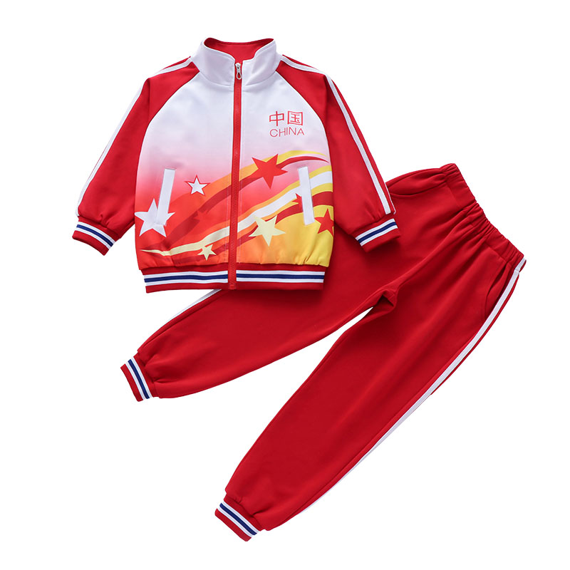 红色中国短袖套装幼儿园园服小学生校服班服运动会服装两三件套夏