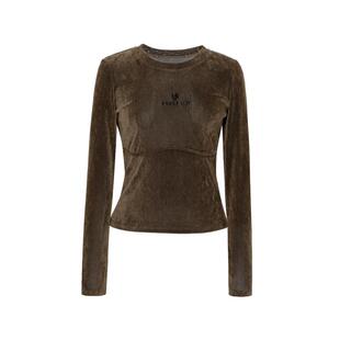 XG雪歌深咖色拼接设计长袖T恤时尚冬季新款钉珠装饰植绒上衣女装