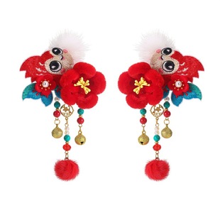 儿童汉服头饰带灯金鱼绒花红色毛球发夹新年国风铃铛女童古风发饰