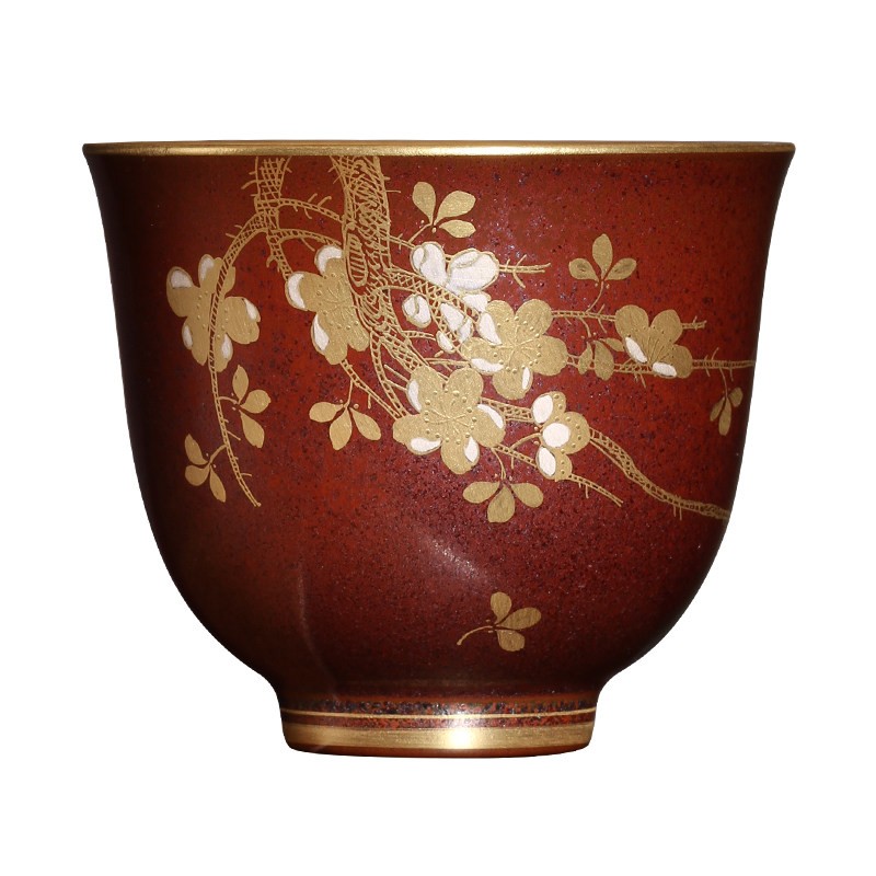 自慢堂铁锈红金银彩梅花大玉兰杯