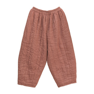 苎麻复古夹棉加厚九分裤女新中式国风直筒棉裤宽松绗缝条纹哈伦裤