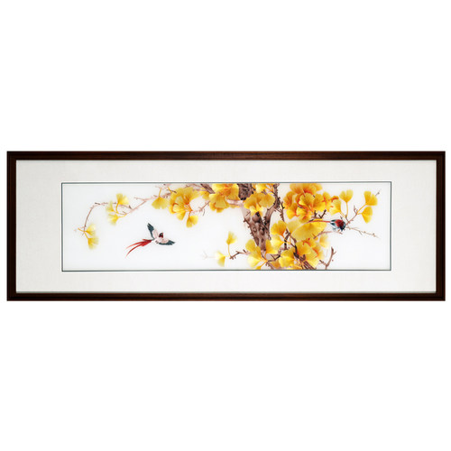 新中式飞鸟渡秋背景墙手工苏绣成品挂画银杏床头画刺绣装饰画软装