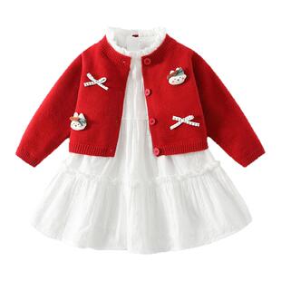 女童套装宝宝洋气小公主春秋季红色针织衫裙子2026新款儿童超好看