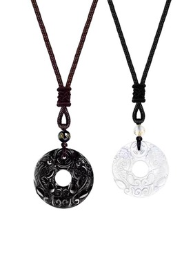 天然黑曜石白玉髓平安扣情侣项链