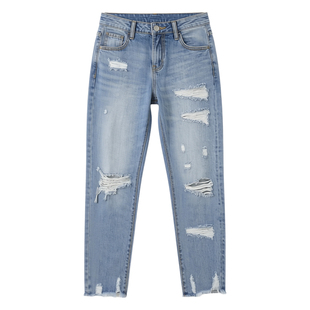 紧身纯色破洞牛仔裤女 Tight solid-colored holey women's jeans