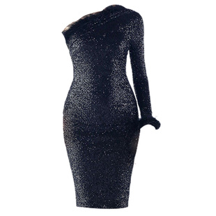 晚礼服女小个子车模会展模特走秀小众单肩斜领长袖包臀短款连衣裙