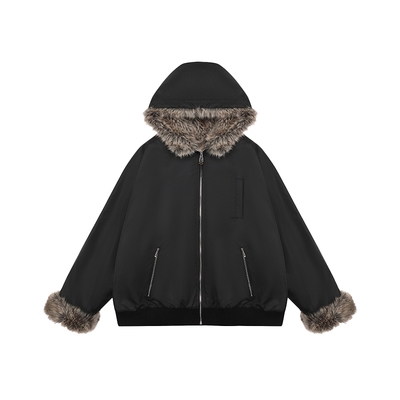 Sandra毛绒拼接一体式棉服外套