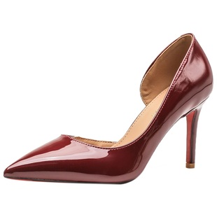 2025新款酒红色尖头细跟气质单鞋女婚鞋女浅口性感包头侧空高跟鞋