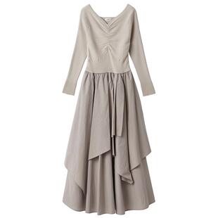 LILY BROWN2026早春新品优雅V领针织拼接不规则连衣裙LWNO261060