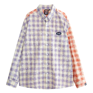 HEA国潮醒狮撞色拼接格子长袖衬衫外套男女同款情侣休闲纯棉衬衣