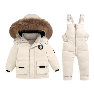 法国ANSEOLA冬季男童羽绒服套装女宝宝背带裤加厚保暖儿童两件套