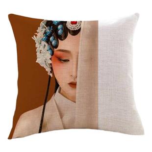中国风新中式戏曲脸谱人物京戏花旦美女复古亚麻抱枕沙发棉麻靠垫