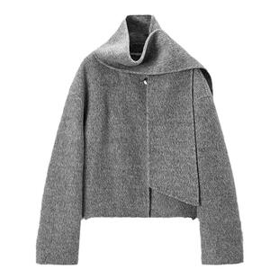 TKY SHOP带围巾短款羊毛大衣女秋冬新款小众设计感灰色毛呢外套女