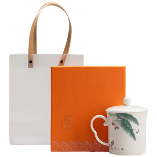 羊脂玉白瓷会议杯茶杯办公杯陶瓷水杯定制刻字大容量带盖子马克杯