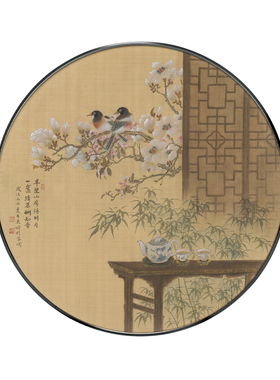 新中式圆形花鸟装饰画书房玄关