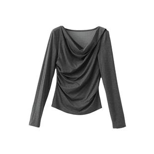 POPCHRIO欧可芮◆解构设计感荡领长袖T恤捏褶交叠收腰打底衫女春