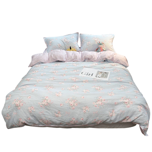 柔软全棉双层纱床上四件套全棉田园小清新单人宿舍公寓三件套床品