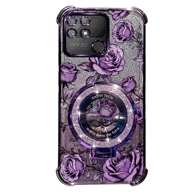 Realmenarzo50A-4G手机壳narzo50a-4g高级感闪粉支架玫瑰印花防刮耐磨菲林质感极简线条无logoTPU网红壳