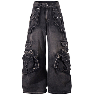 OV原创美式重工做旧水洗多口袋工装牛仔裤男女宽松阔腿朋克风长裤