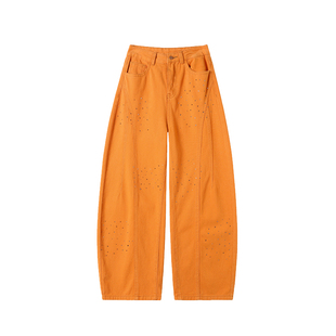 高腰弯刀宽松阔腿裤时尚烫钻闪闪牛仔裤女长裤南瓜橙无弹力显瘦裤