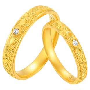 TSING轻珠宝【织梦】999足金培育钻石古法黄金情侣对戒新年礼物