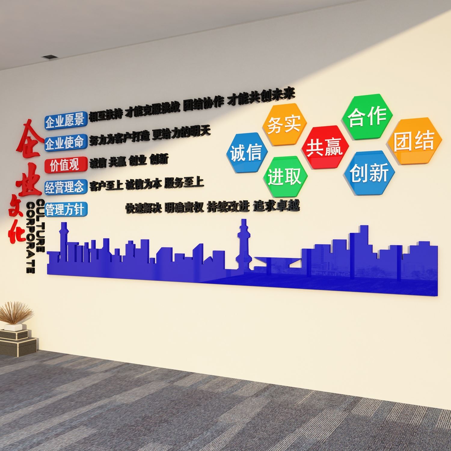 办公室墙面装饰公司背景企业文化贴纸画房产中介门店布置励志标语