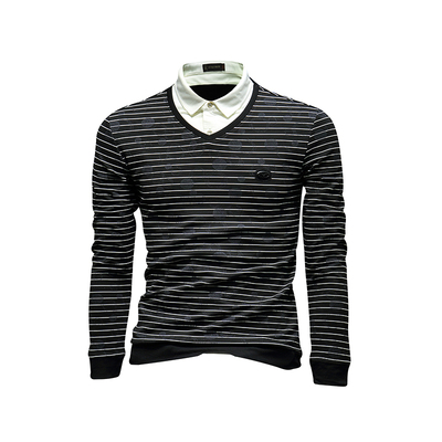 秋季套头条纹长袖t恤青年假两件