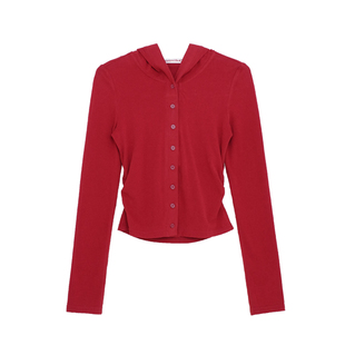 荒荒家  开扣连帽长袖T2025冬季新款宽松韩版纯色简约针织外套女