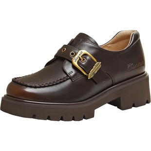 张艺凡同款天美意金色羽毛厚底增高常青藤乐福鞋单鞋女新款小皮鞋