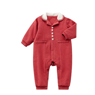 婴幼儿冬季连体衣女宝宝夹棉哈衣加厚保暖红色爬服大红新年外出服