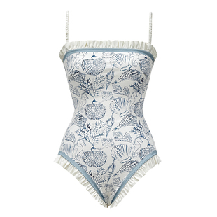 visual mood2025夏季新款抹胸连体泳衣白蓝印花双面显瘦度假泳装