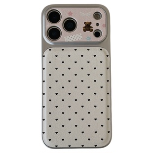 独壳 皮质爱心小熊带挂绳适用苹果17promax手机壳韩系少女简约iPhone16新款15防摔14pro女款13全包手机套硬壳