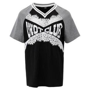 uhot/诱货26春黑白撞色蕾丝元素T恤女士复古运动V领甜酷UWLS2T238