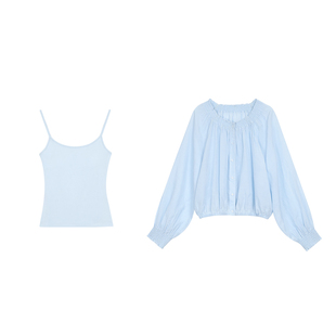 pusumede海盐荔枝 莱赛尔亚麻灯笼袖衬衫女+带胸垫吊带背心两件套