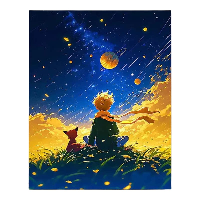 小王子星空玫瑰仿油画客厅挂画