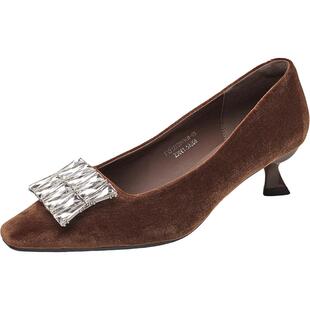 意尔康2026春款高跟鞋水钻方头浅口细跟单鞋温柔妈妈鞋配裙子