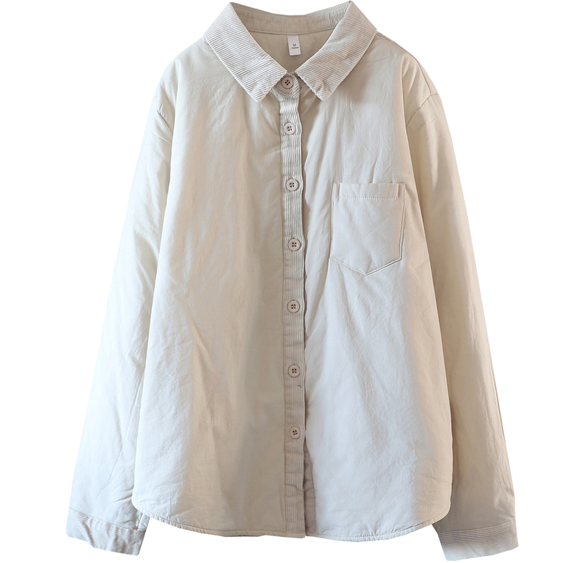 文艺百搭翻领灯芯绒拼接100%棉衬衫夹棉上衣女显瘦纯色打底衫棉衣