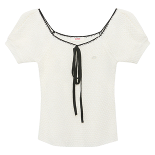 樱桃KIRSH 梯形领撞色短袖针织女2026春夏蝴蝶结系带甜美少女上衣