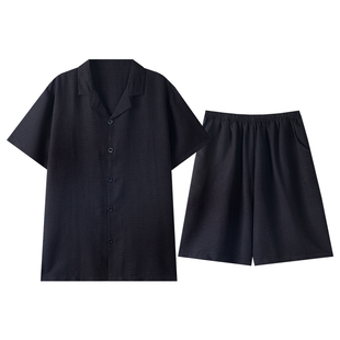 莫代尔夏季男士睡衣冰丝短袖凉爽短袖短裤开衫棉纱黑色家居服套装