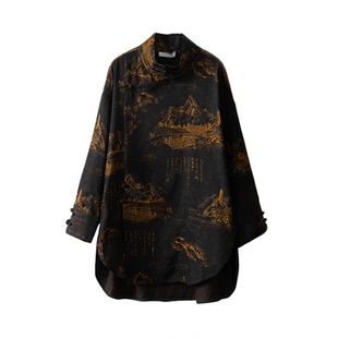 高定100%桑蚕丝绢纺香云纱国风山水真丝衬衫女新中式立领宽松上衣