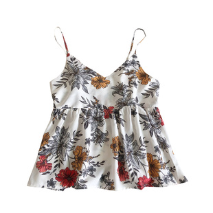 夏季新品海边度假风甜美百搭碎花V领显瘦短款吊带背心上衣女