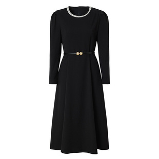 海青蓝 秋冬连衣裙女2025年纯色长袖系带新款中长款法式女装裙子